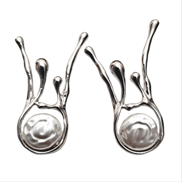 Silver Abstract statement earrings dangle Faux pearl metallic Modern 💖2/$30 - Picture 1 of 16